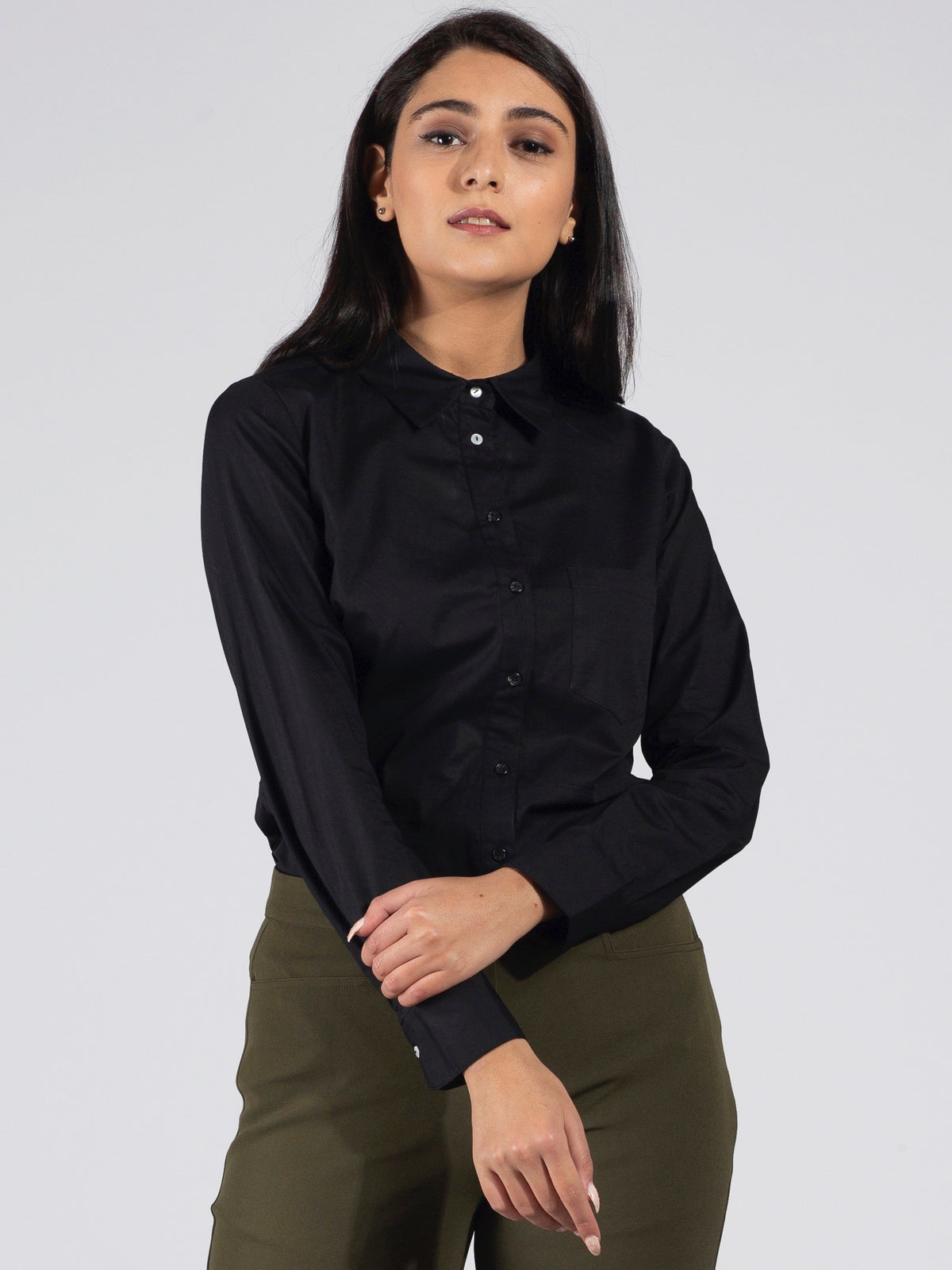Classic Collar Button Detail Shirt - Black