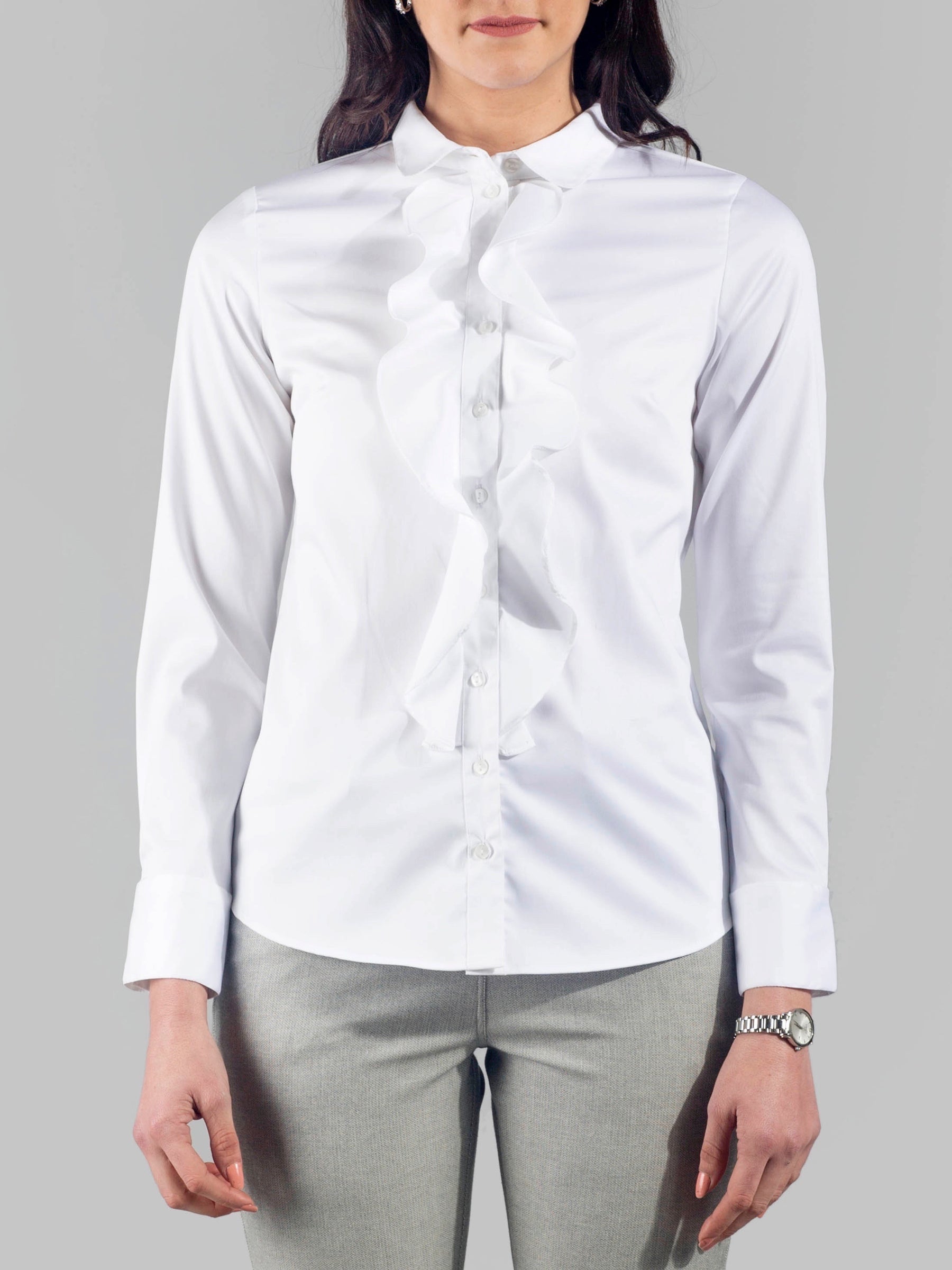 Club Collar Ruffle Placket Shirt - White