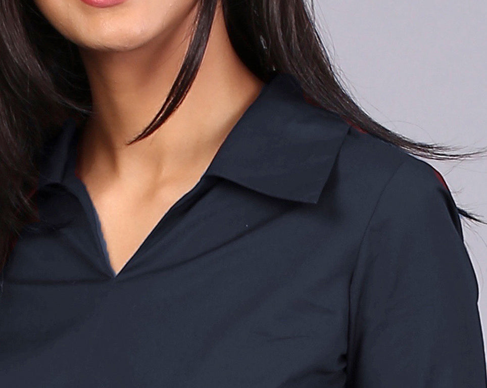 Wide Collar V Neck Shirt - Navy| Formal Shirts