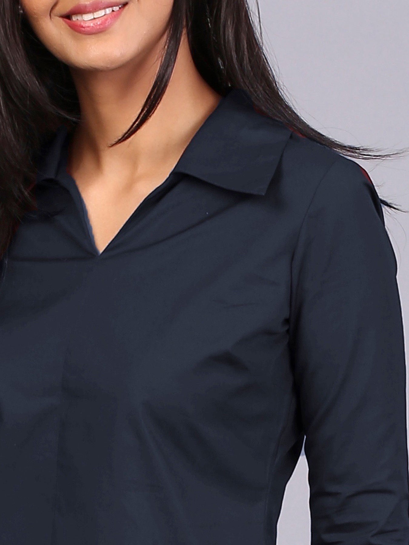 Wide Collar V Neck Shirt - Navy| Formal Shirts