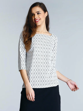 Square Neck Geometric Print Top - White and Black
