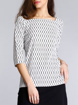 Square Neck Geometric Print Top - White and Black