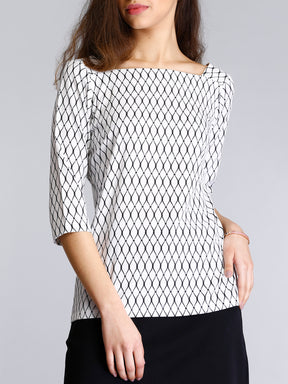 Square Neck Geometric Print Top - White and Black
