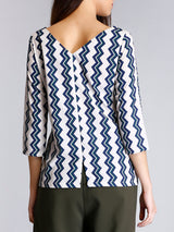 Square Neck Geometric Print Top - White and Blue