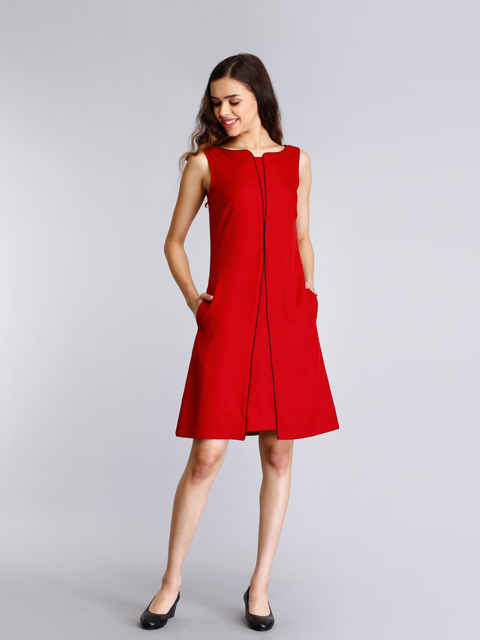 Stylised Neck Piping Detail Shift Dress - Red| Formal Dresses