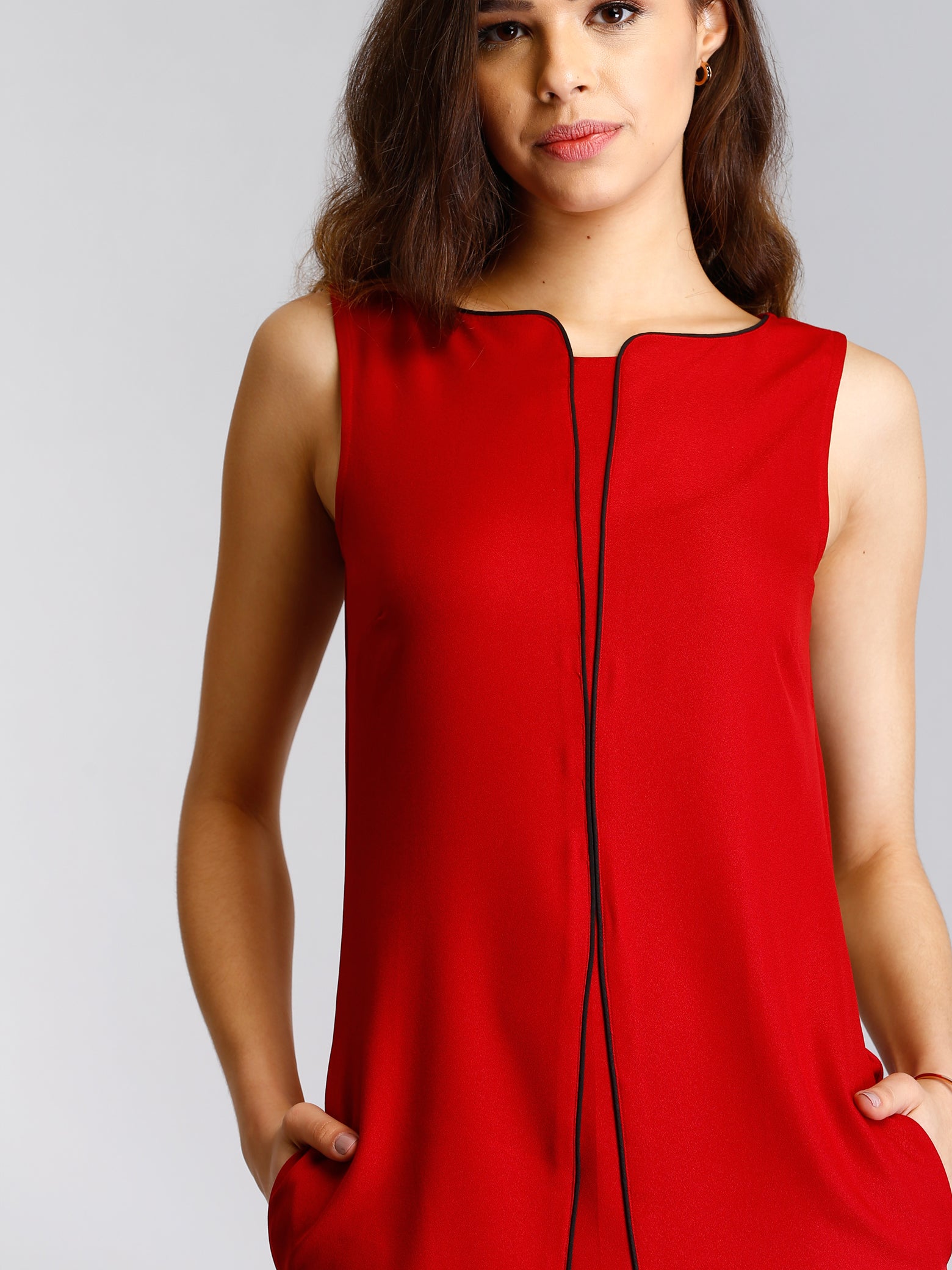 Stylised Neck Piping Detail Shift Dress - Red| Formal Dresses