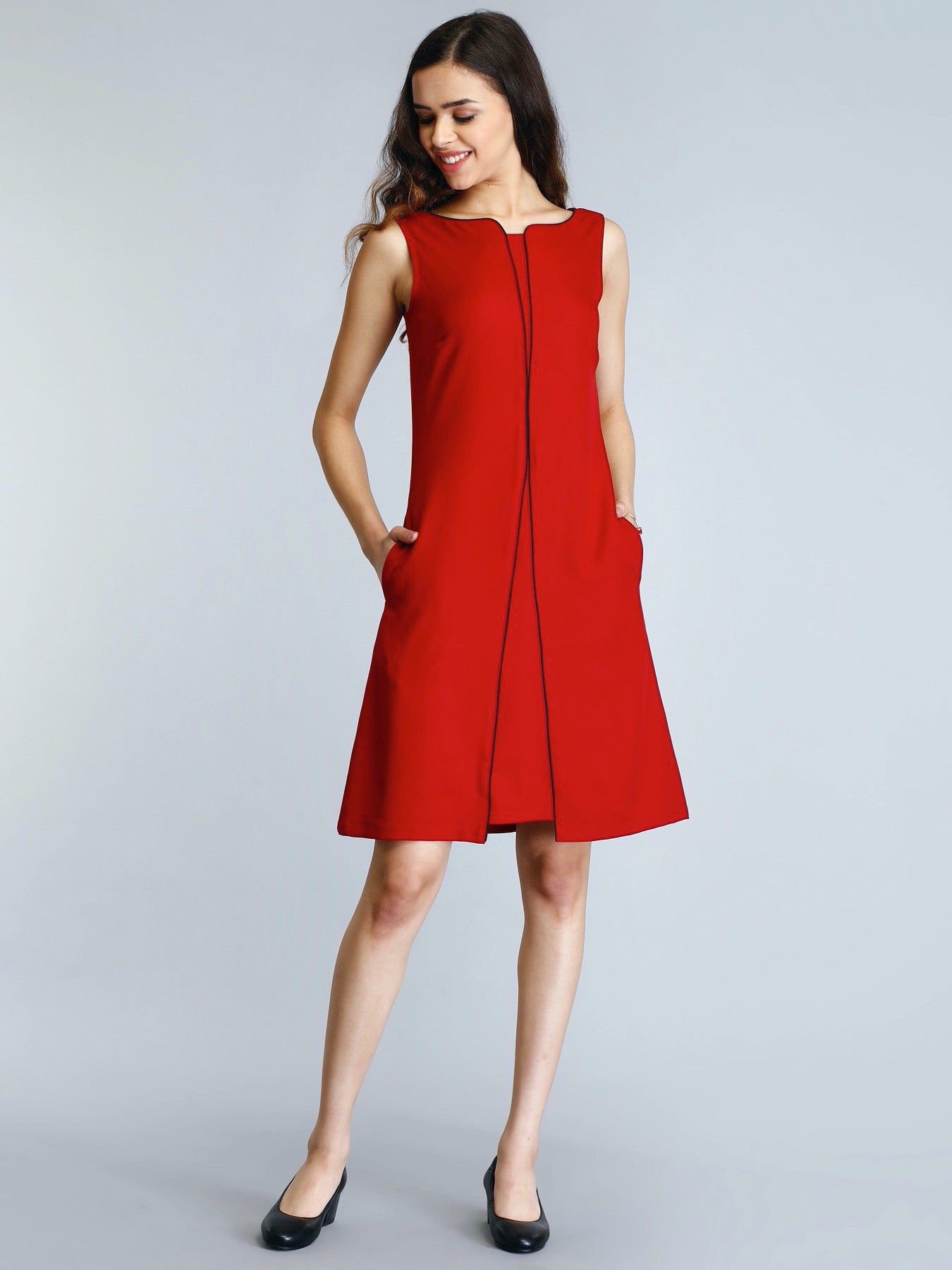 Stylised Neck Piping Detail Shift Dress - Red| Formal Dresses