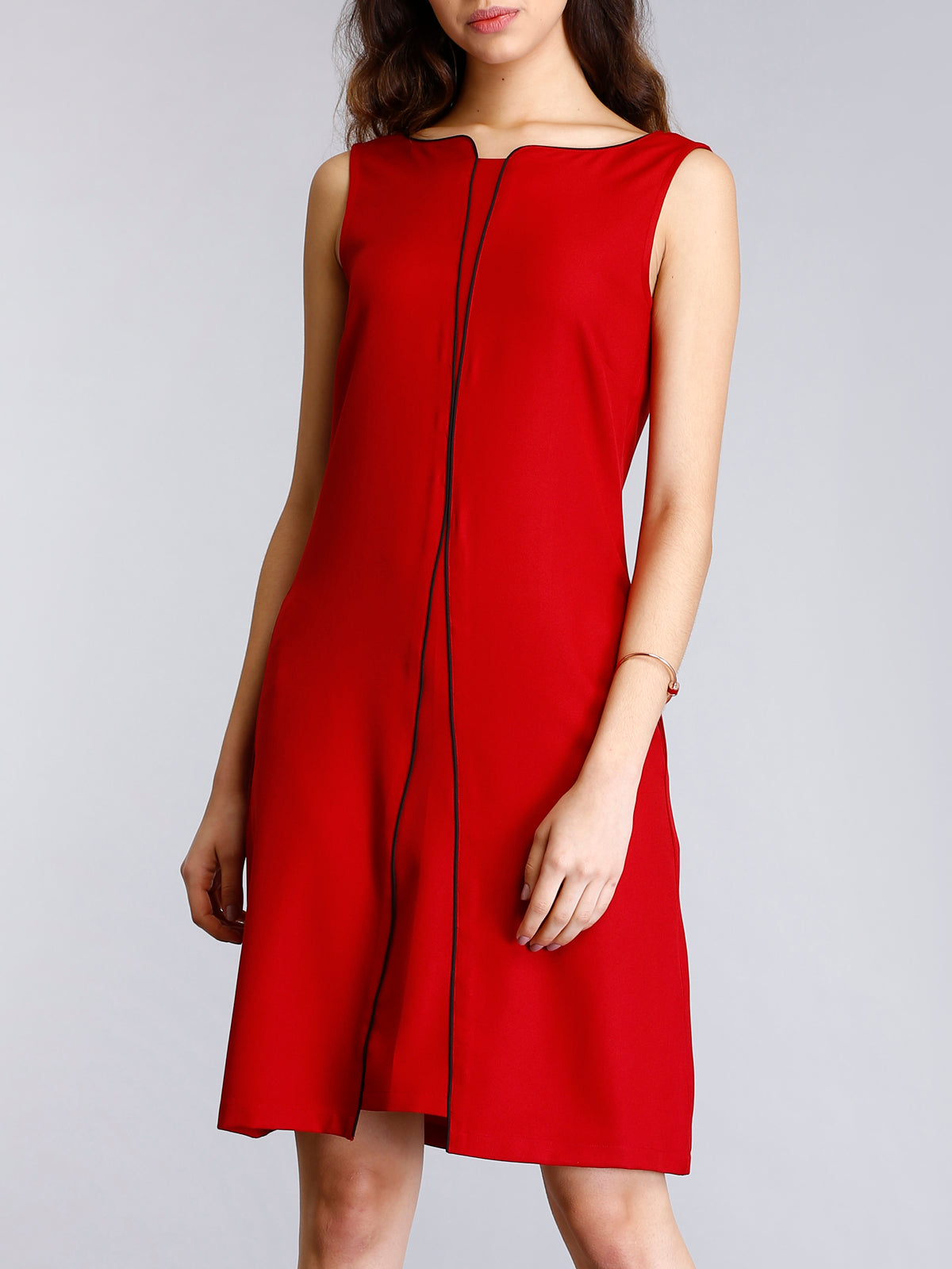 Stylised Neck Piping Detail Shift Dress - Red| Formal Dresses