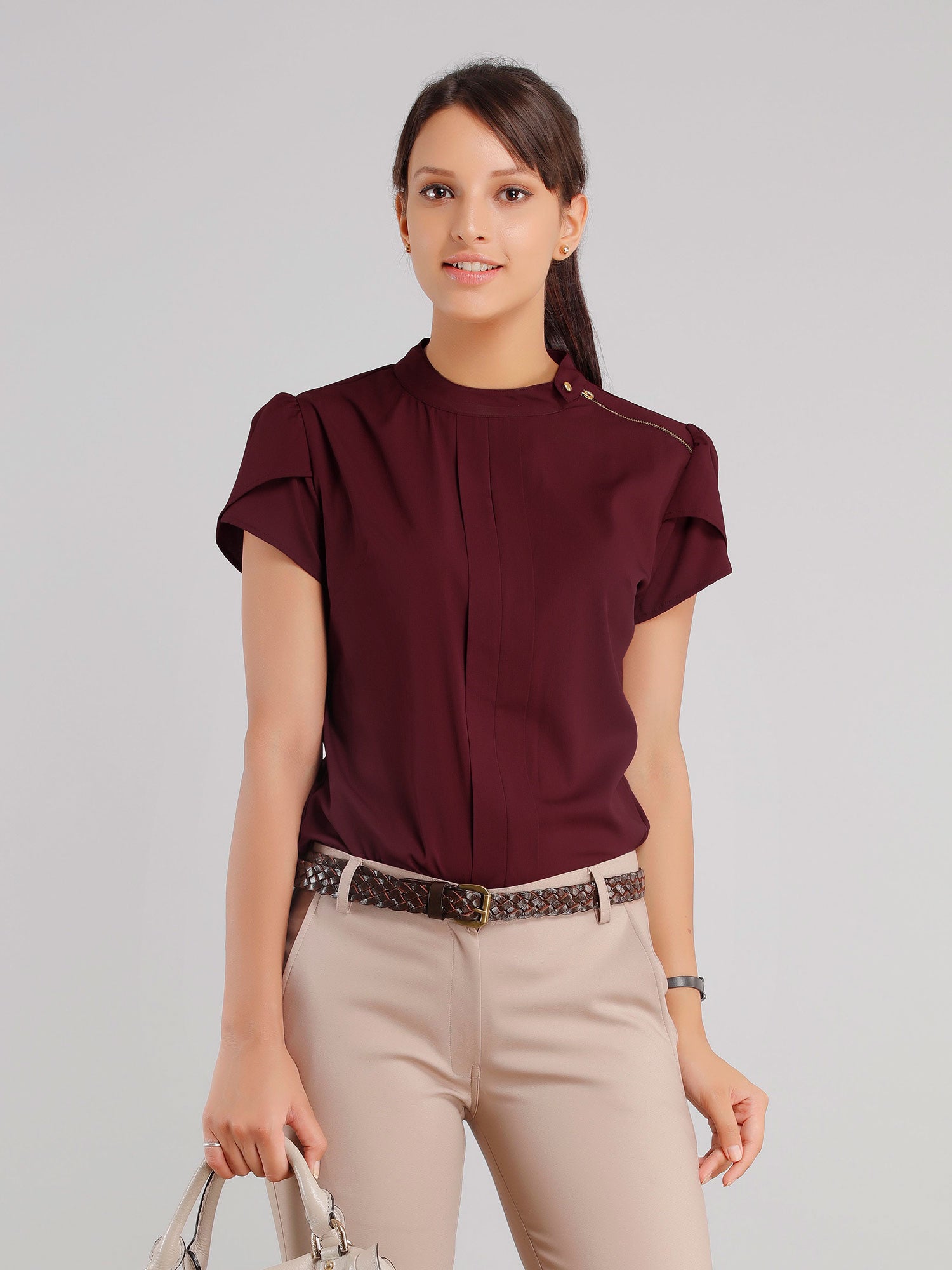 Collared Zipper Top - Maroon| Formal Tops