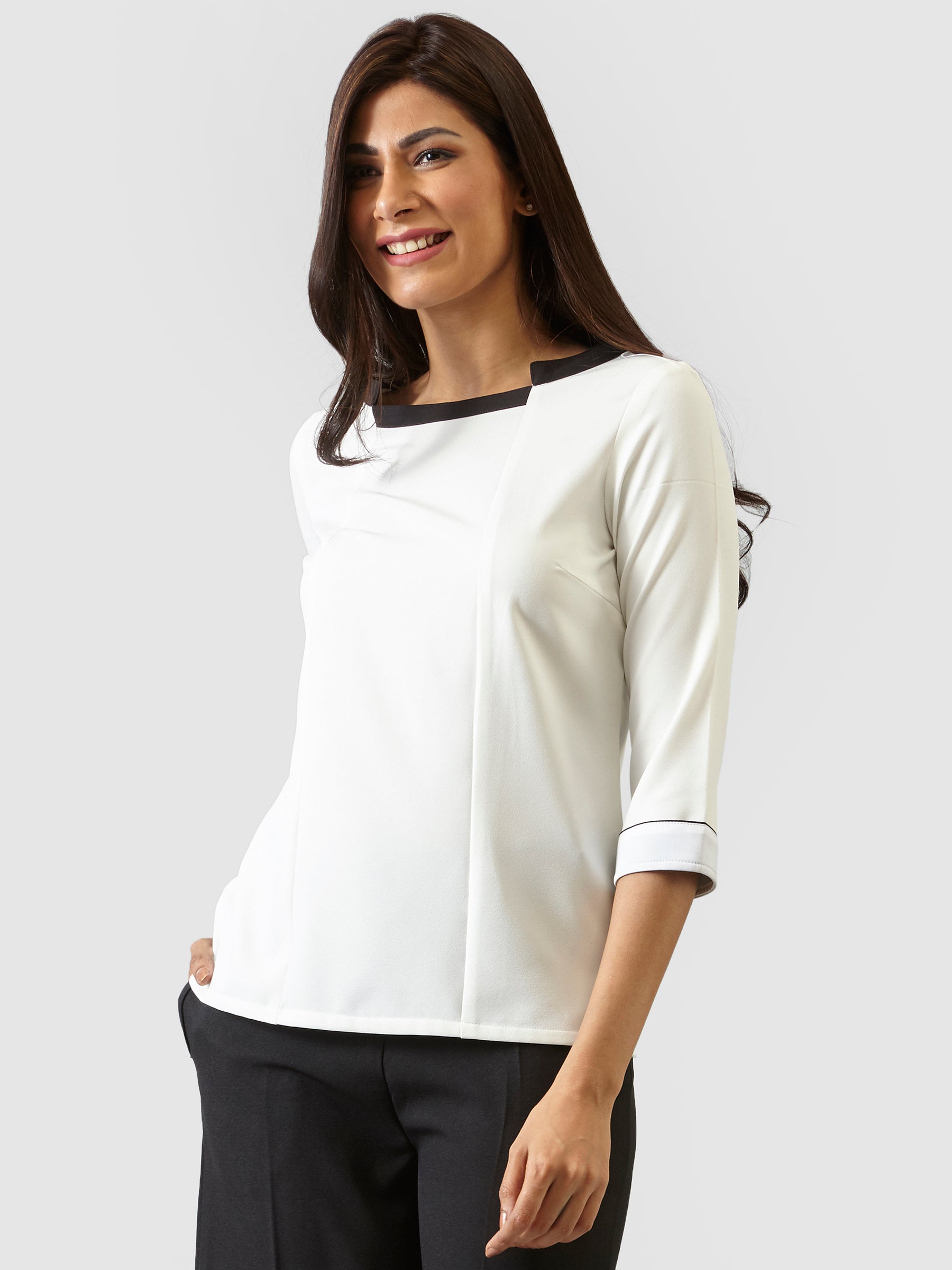 Asymmetric Neck Colour Block Top - Off White