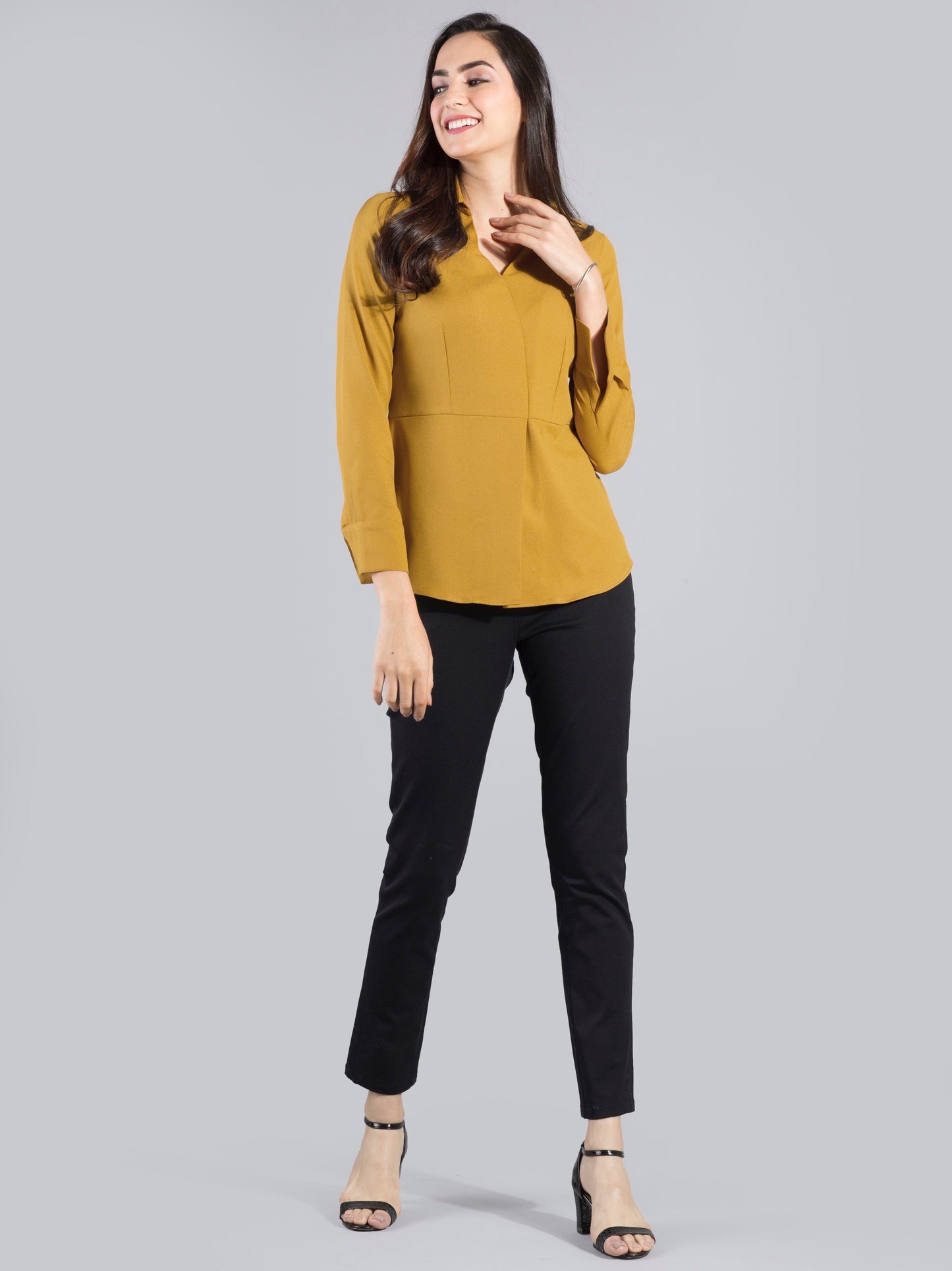 Collared V Neck Top - Mustard