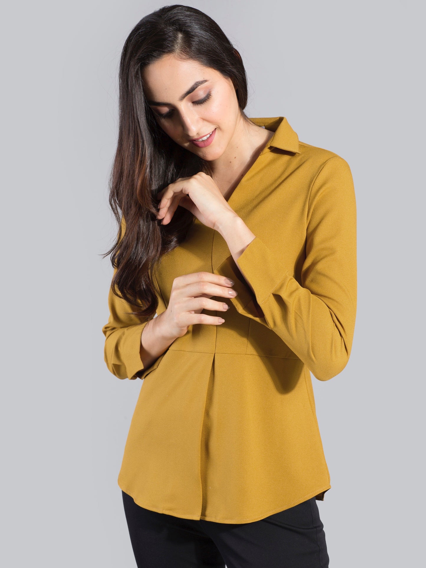 Collared V Neck Top - Mustard