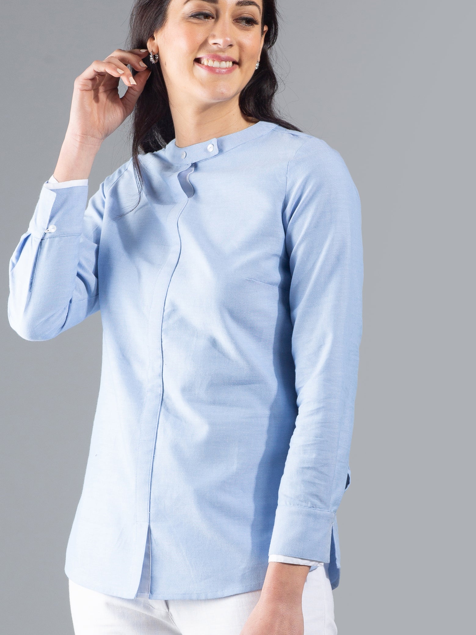 Mandarin Collar Layered Cuff Full Sleeve Top - Blue| Formal Tops