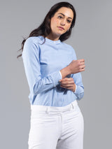 Mandarin Collar Layered Cuff Full Sleeve Top - Blue| Formal Tops