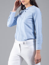 Mandarin Collar Layered Cuff Full Sleeve Top - Blue| Formal Tops