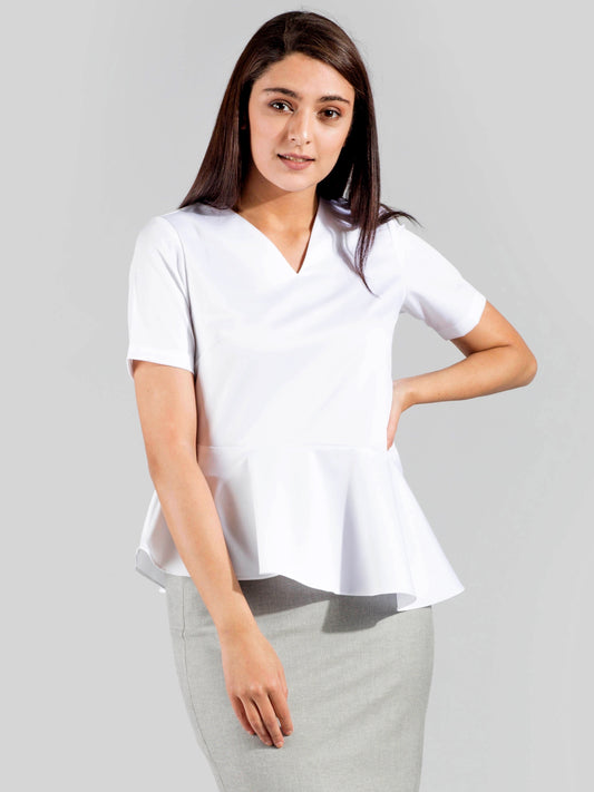 V Neck Asymmetric Hem Peplum Top - White
