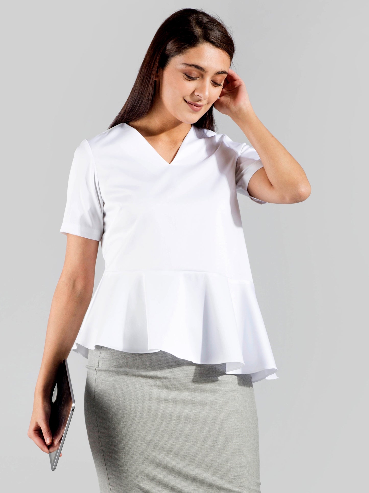 V Neck Asymmetric Hem Peplum Top - White