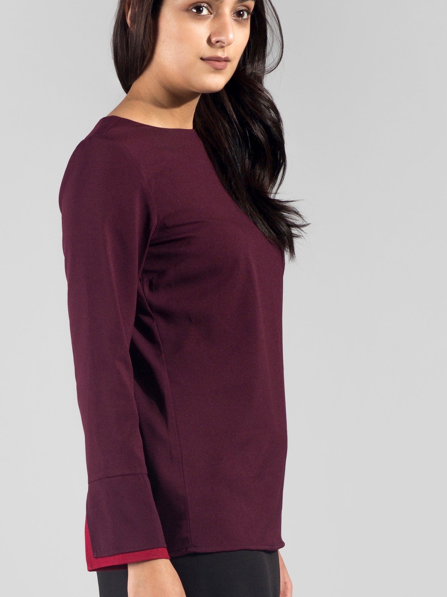 Layered Contrast Cuff Top - Maroon