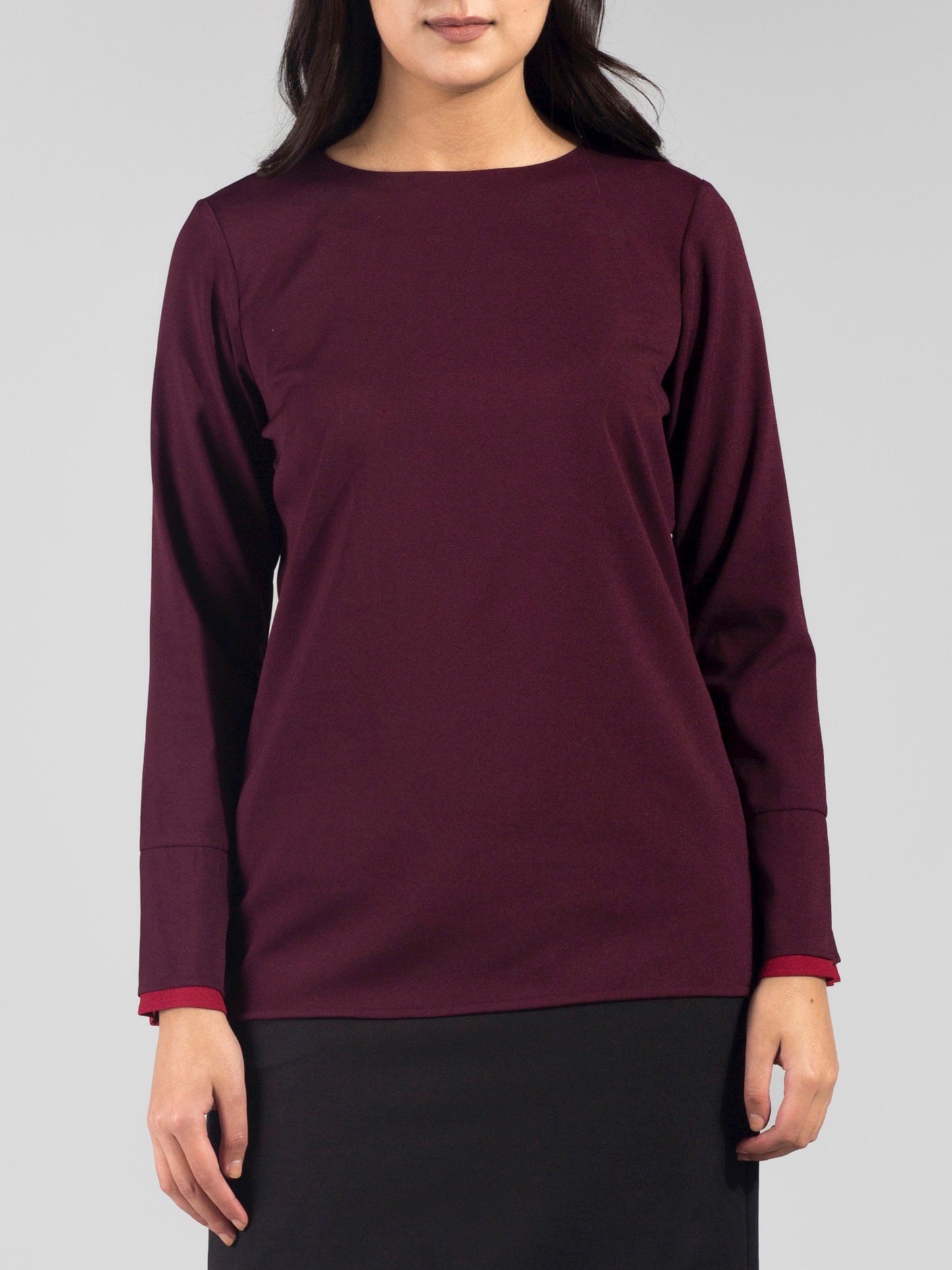 Layered Contrast Cuff Top - Maroon