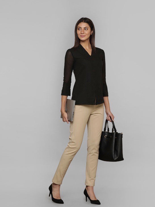 Front Slit Sheer Sleeve Top - Black| Formal Tops