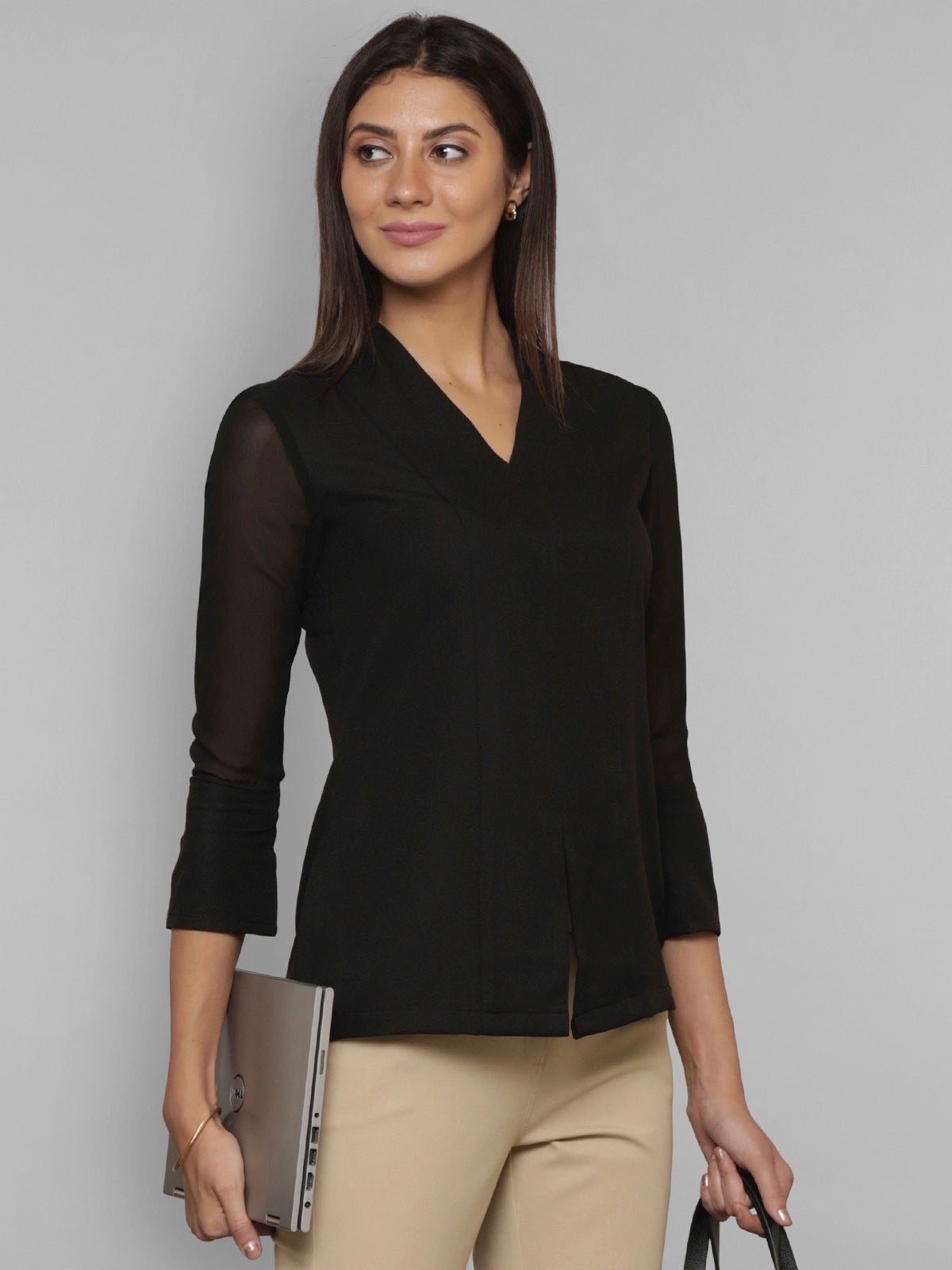 Front Slit Sheer Sleeve Top - Black| Formal Tops