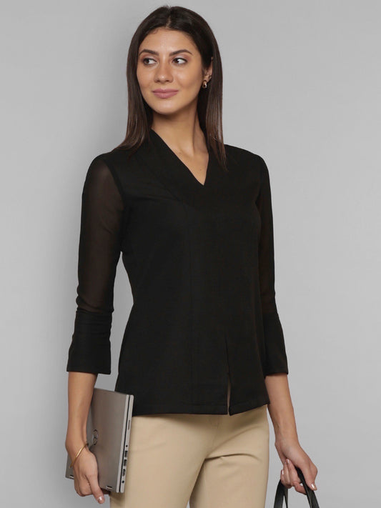Front Slit Sheer Sleeve Top - Black| Formal Tops