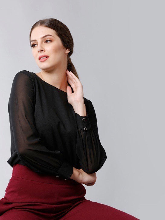 Round Neck Full Sheer Sleeves Top - Black