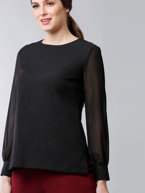 Round Neck Full Sheer Sleeves Top - Black