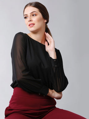 Round Neck Full Sheer Sleeves Top - Black