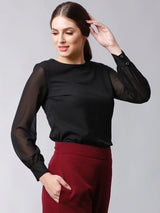 Round Neck Full Sheer Sleeves Top - Black