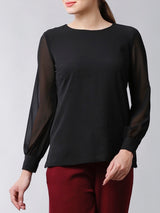 Round Neck Full Sheer Sleeves Top - Black