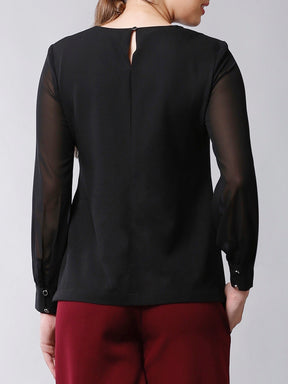 Round Neck Full Sheer Sleeves Top - Black