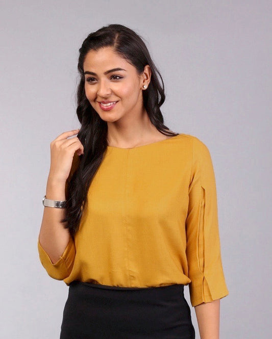 Wide V Neck Top - Mustard