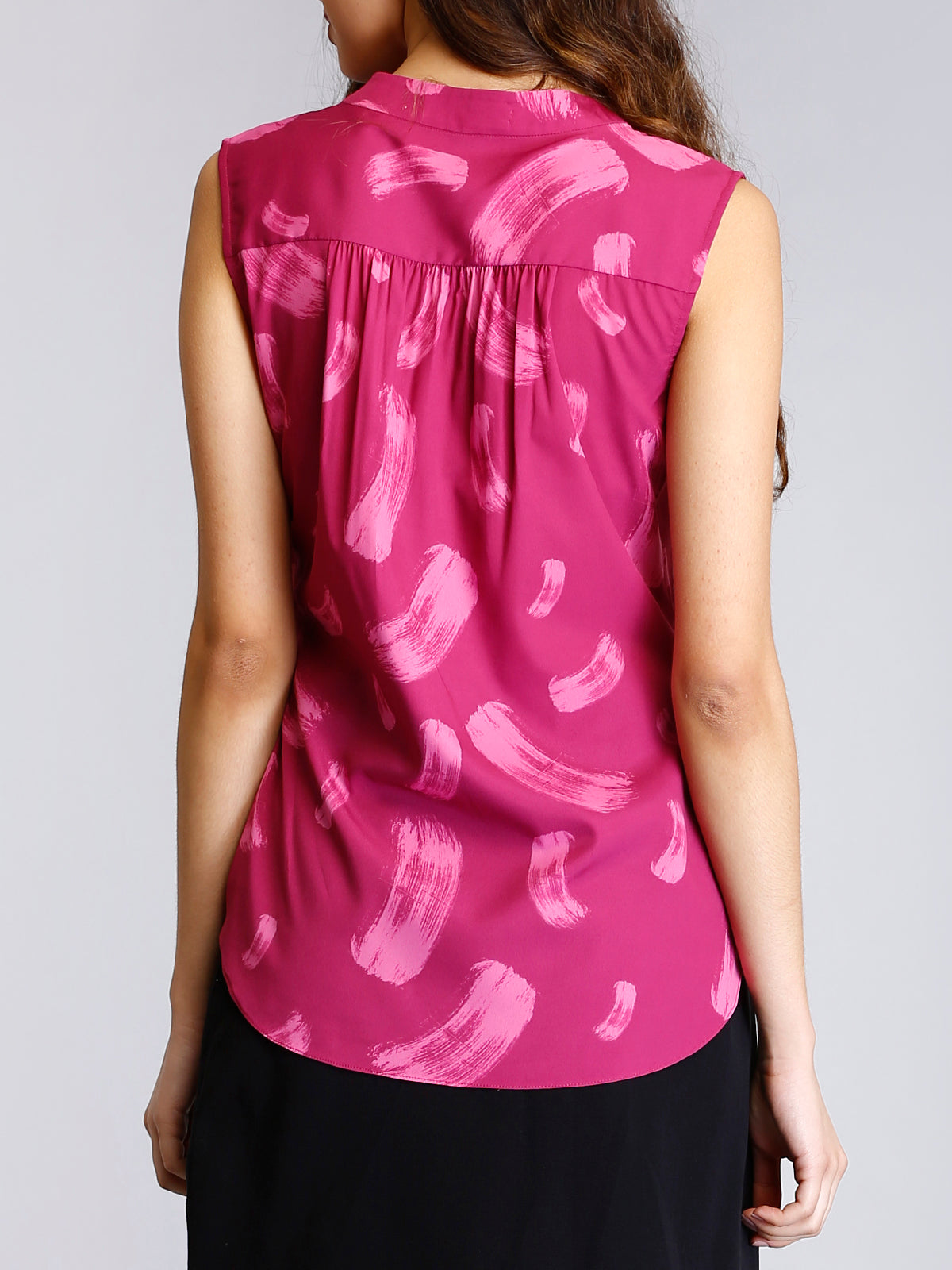 V Neck Brush Stroke Print Top - Pink