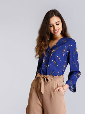 Cotton V Neck Top With Stylish Sleeves - Blue