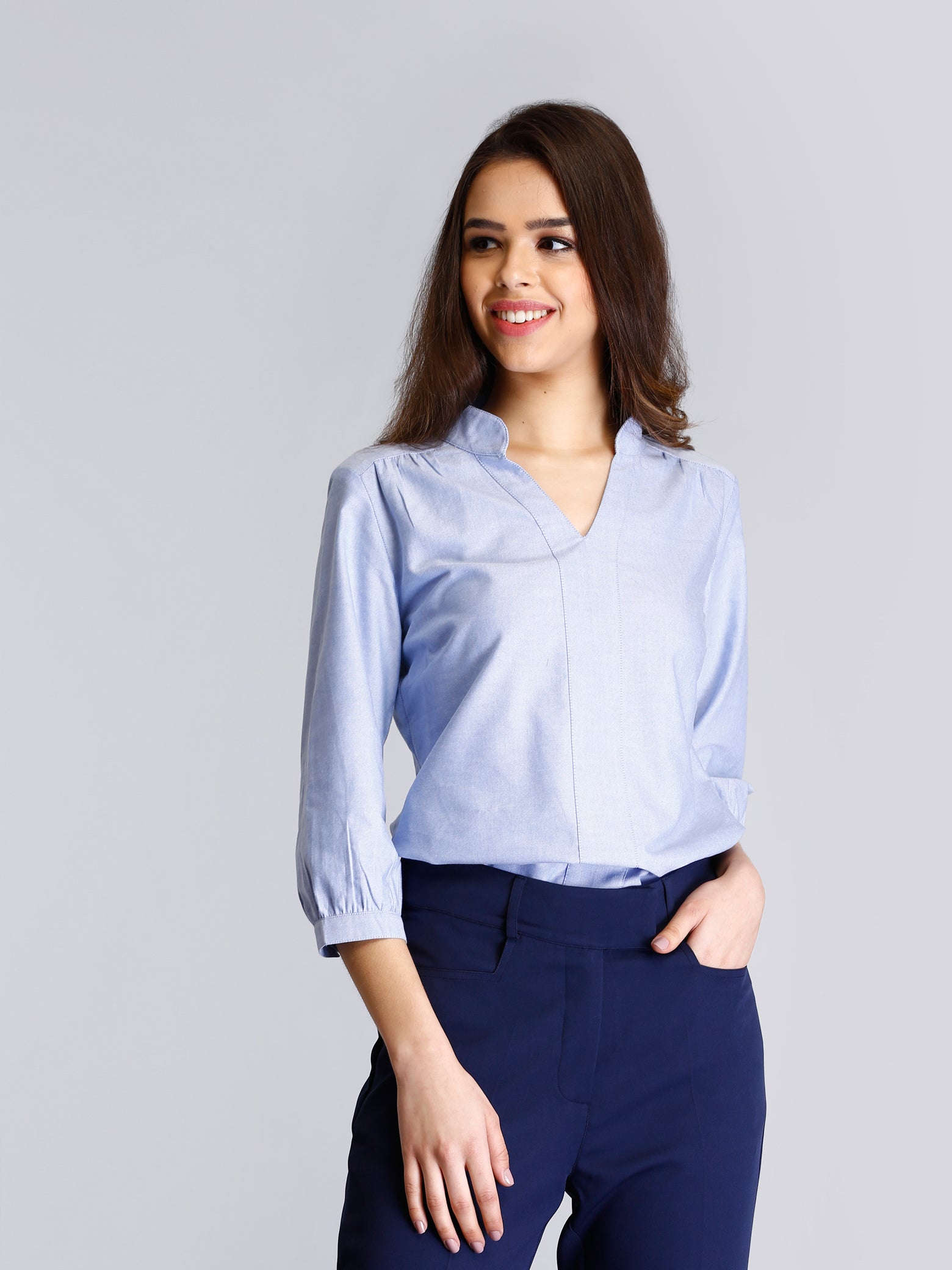 V Neck Top With Gather Detail - Light Blue